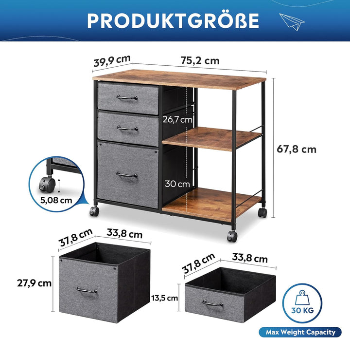 DEVAISE Rollcontainer, Aktenschrank mit 3 Schubladen und 2 Offene Fächer, Büroschrank für Home-Offic