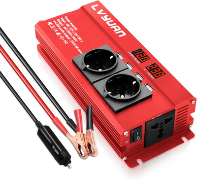Spannungswandler 12V 230V 1000W/2000W Wechselrichter mit 2 Steckdose und 4 USB LED Spannungsanzeige