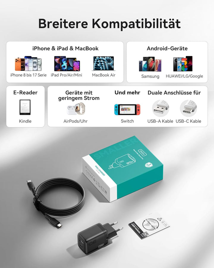 INIU 30W USB C Ladegerät, 2-Port [USB C + USB A] Reise Schnellladegerät & INIU Power Bank, 22.5W Fas