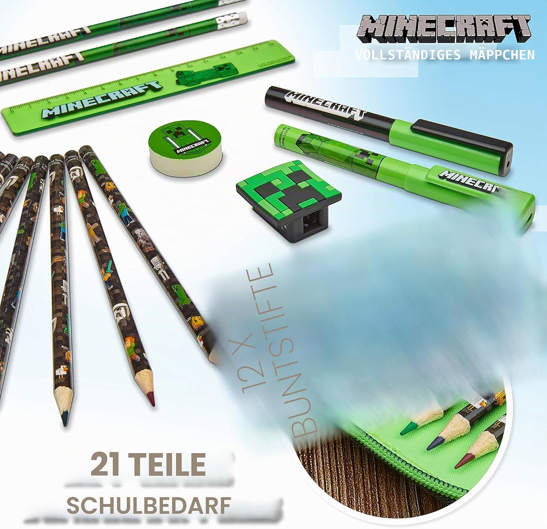 Minecraft Federmäppchen Jungen und Mädchen Mäppchen Gefüllt Creeper Federmappe mit Schreibwaren Game