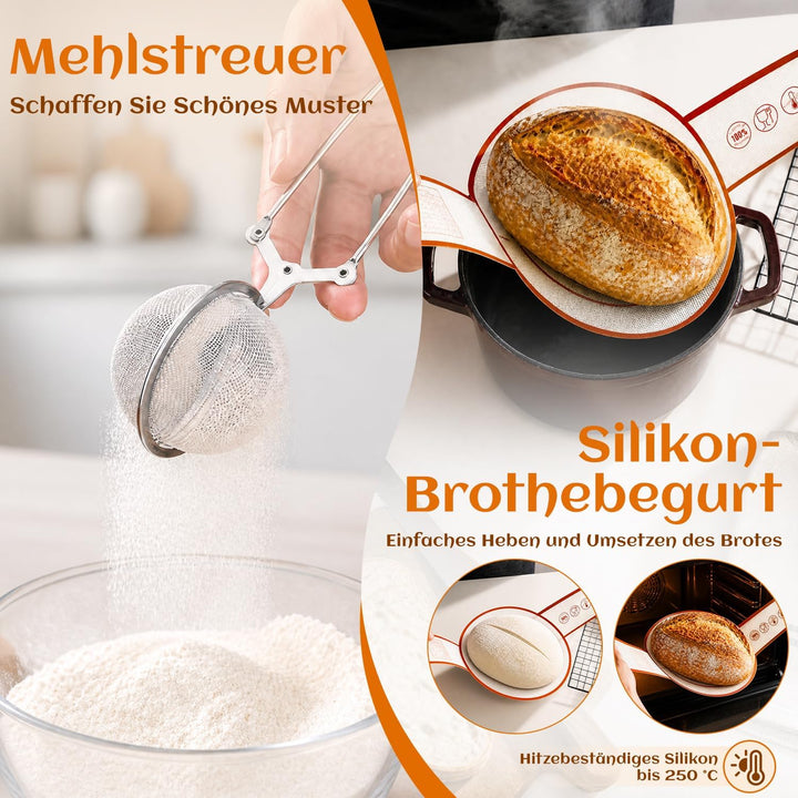 Gärkörbchen Sauerteig Starter Set, 2 Rattan Gärkörbchen (25cm Ovale & 23cm Runde), Sauerteig Glas, K