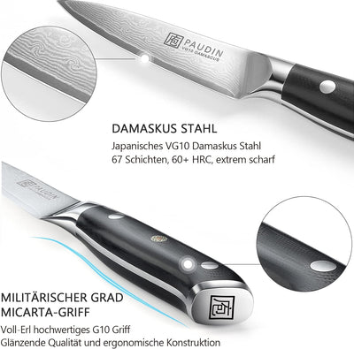 PAUDIN Damast Schälmesser 9cm - Obst und Gemüsemesser Japanisches VG10 Küchenmesser mit ergonomische