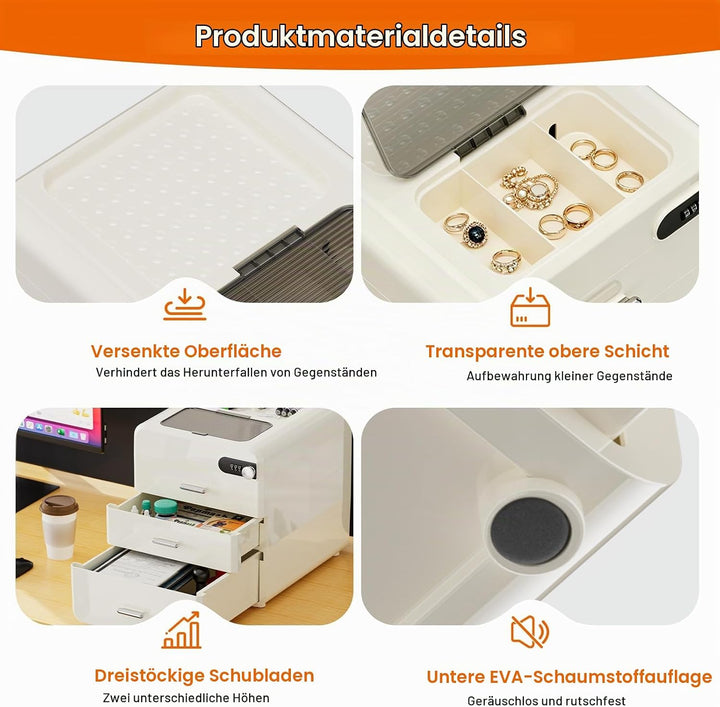 Schubladenbox Kunststoff mit Zahlenschloss, BüRo Organizer Schubladen mit 3 Schubladen + Stauraum Ob