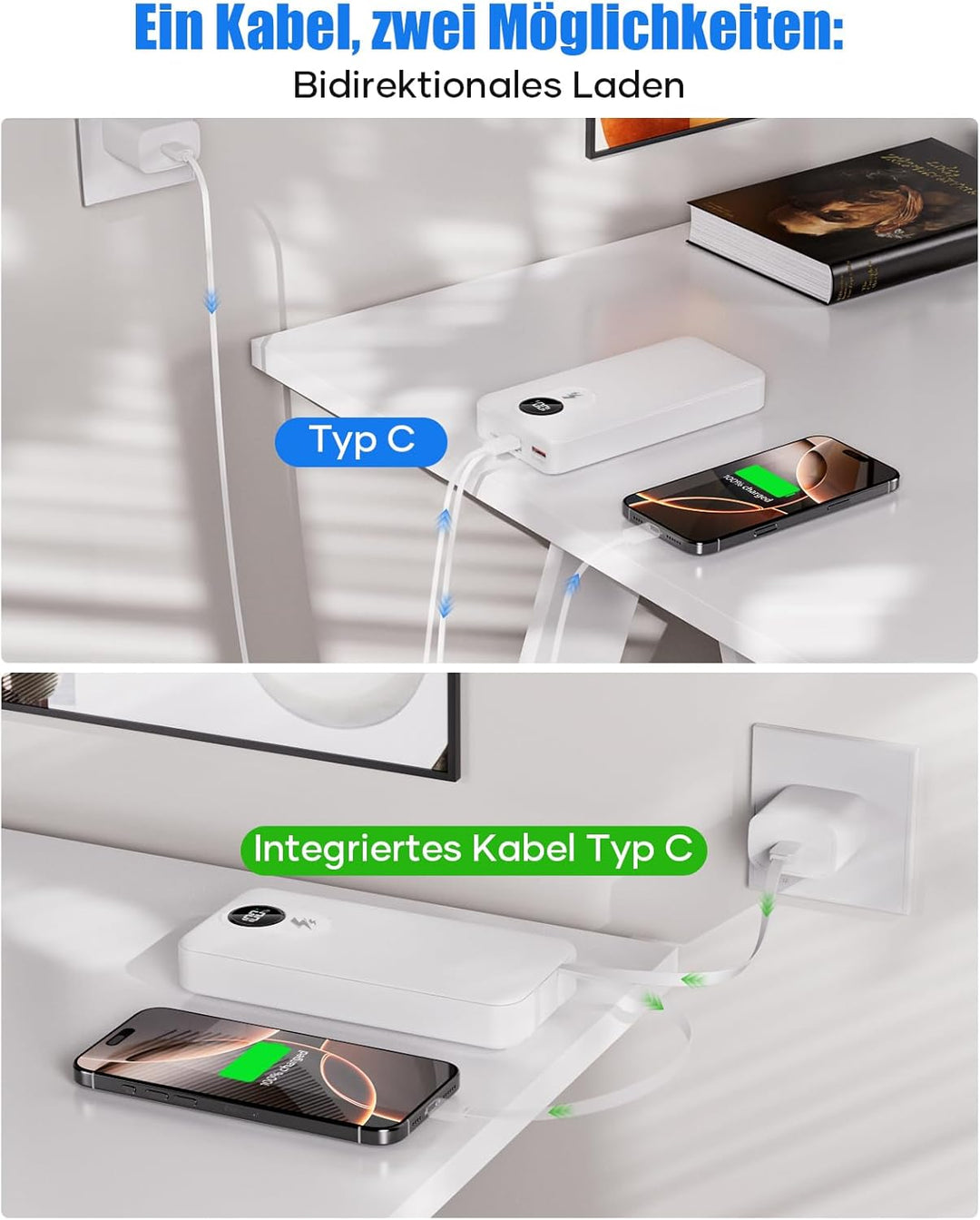30000mAh Power Bank mit integriertem Kabel: Externer Akku mit 22,5 W Schnellladung und grosser Kapaz