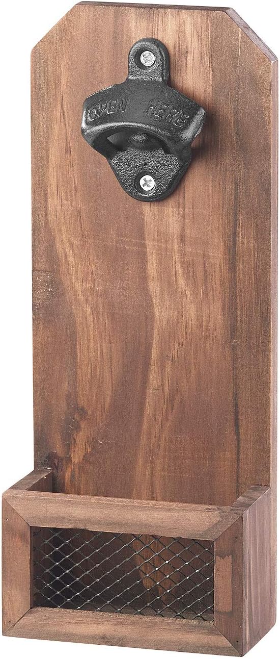 Wandflaschenöffner: Flaschenöffner mit Kronkorken-Auffangbehälter, Holz, zur Wandmontage (Flaschenöf