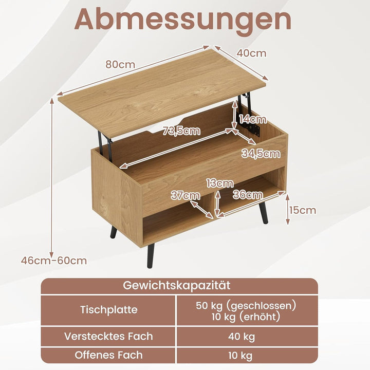 COSTWAY Couchtisch höhenverstellbar, Sofatisch mit anhebbarer Tischplatte & 2 offenen Regalen, auszi