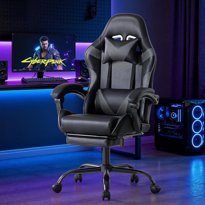 Sweetcrispy Gaming Stuhl, Gaming Chair mit Fussstütze Kopfstütze Lendenwirbelstütze, Ergonomischer P