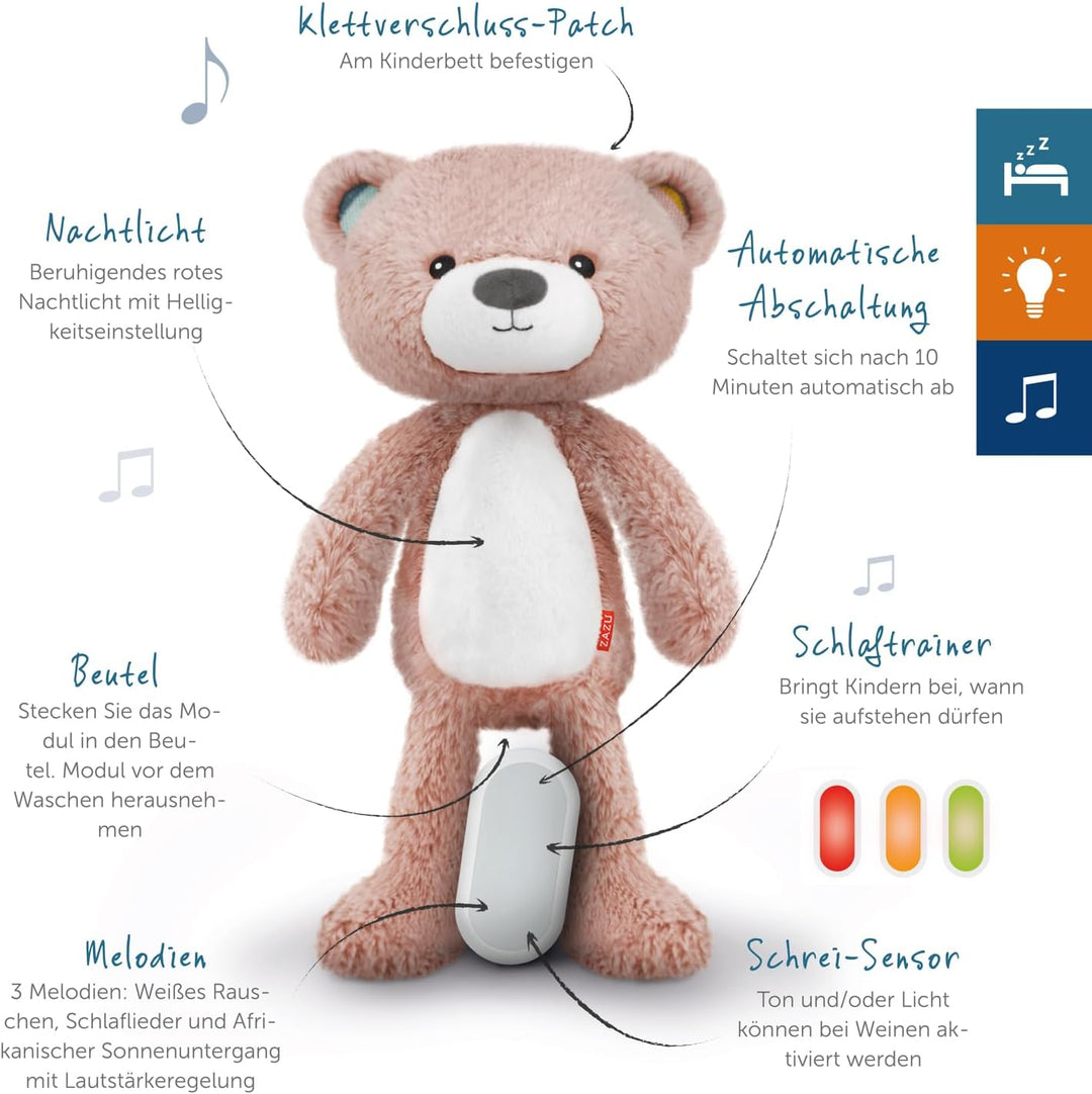 Zazu Brody Schlaftrainer - Kuscheltier mit Nachtlicht, Geräuschmaschine und Schreisensor - Lehrt den