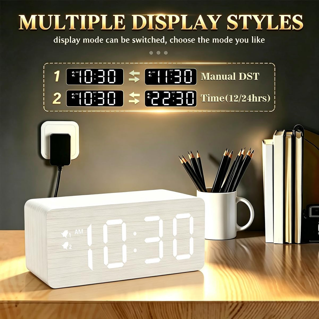 URAYCO Digitaler Wecker aus Holz, 10 W schnelle kabellose Ladestation und USB-Anschluss, mit stufenl