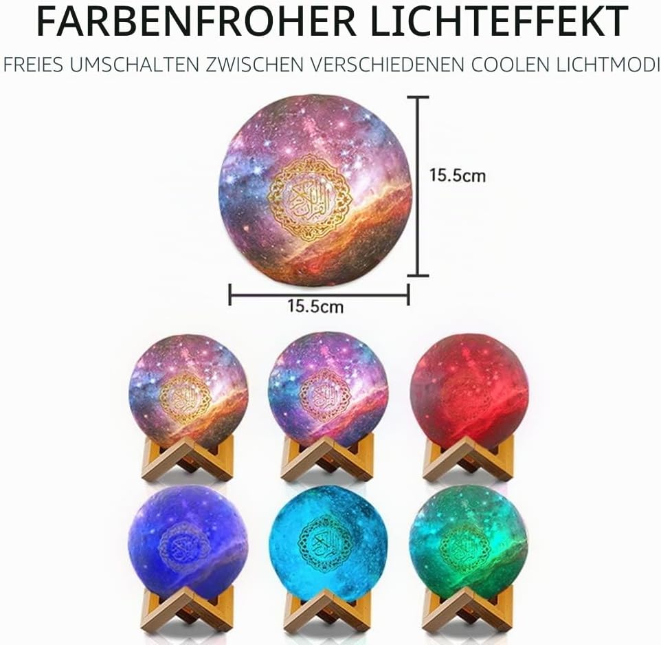 OBEST Quran Lautsprecher Koran, 3D Mondlampe, muslimischer Bluetooth-Player, mit 7 Farben, Touch-Far