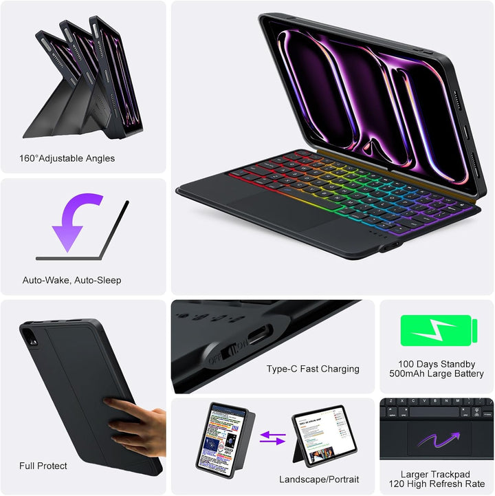 Tastatur Hülle für iPad Pro 13 Zoll (M5 2025/M4 2024), Magnetisch Abnehmbares Beleuchtetes Keyboard,