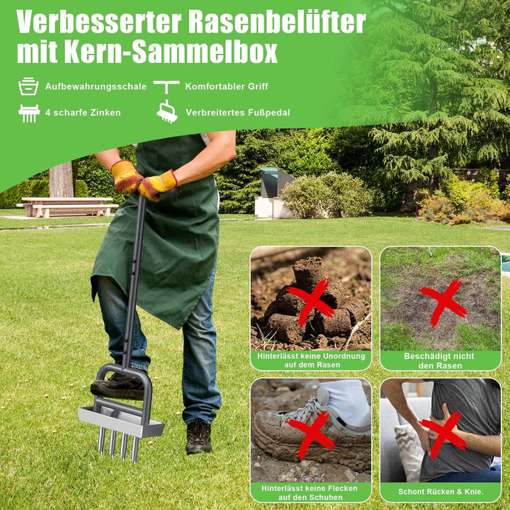 Rasenlüfter Manuell – Aerifizierer für Rasen Hohlspoon mit Edelstahl Ablageschale, Gartengeräten, La