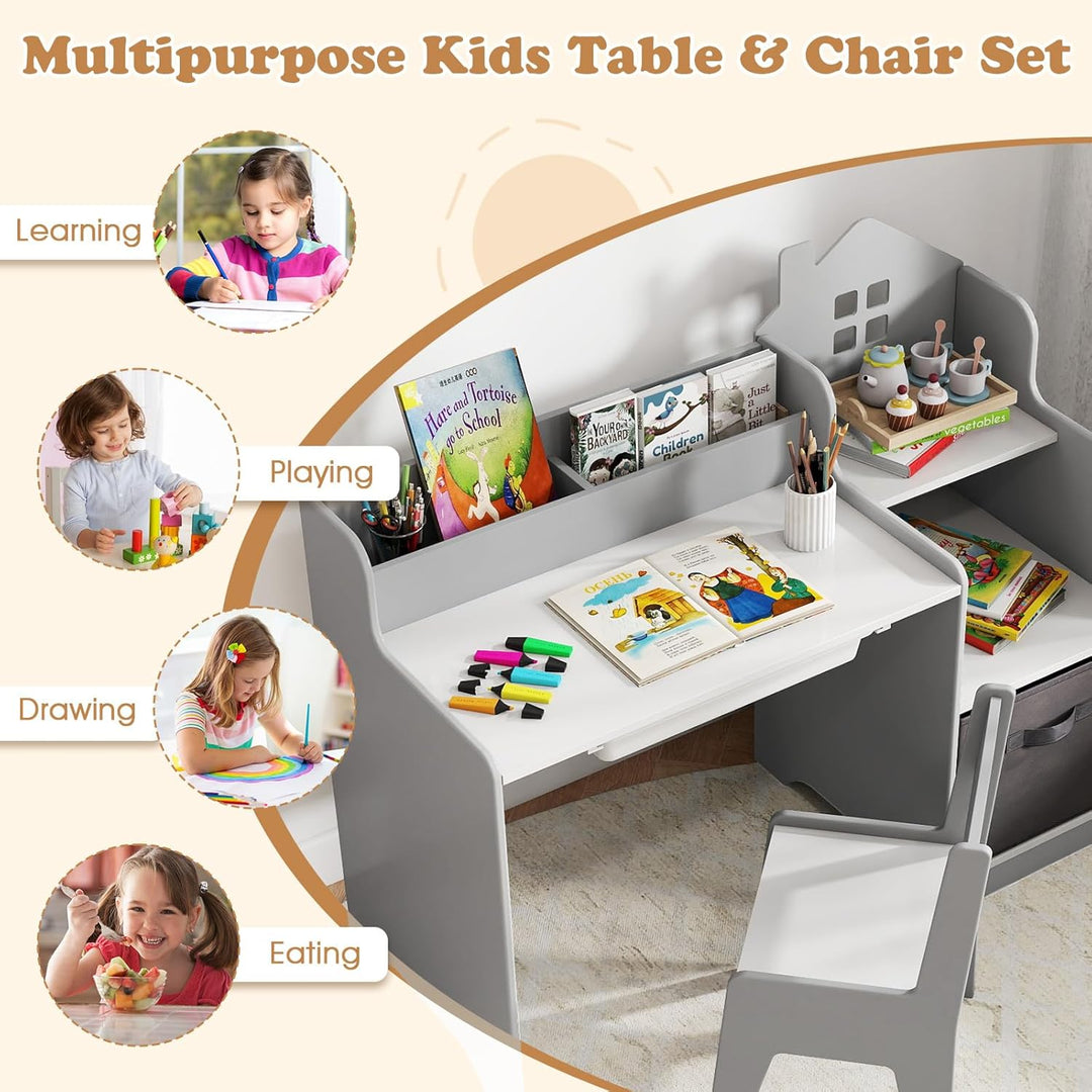 FANTASK Kinder Schreibtisch Set, Schülerschreibtisch mit Schublade, offenen Regalen & Stoffbehälter,