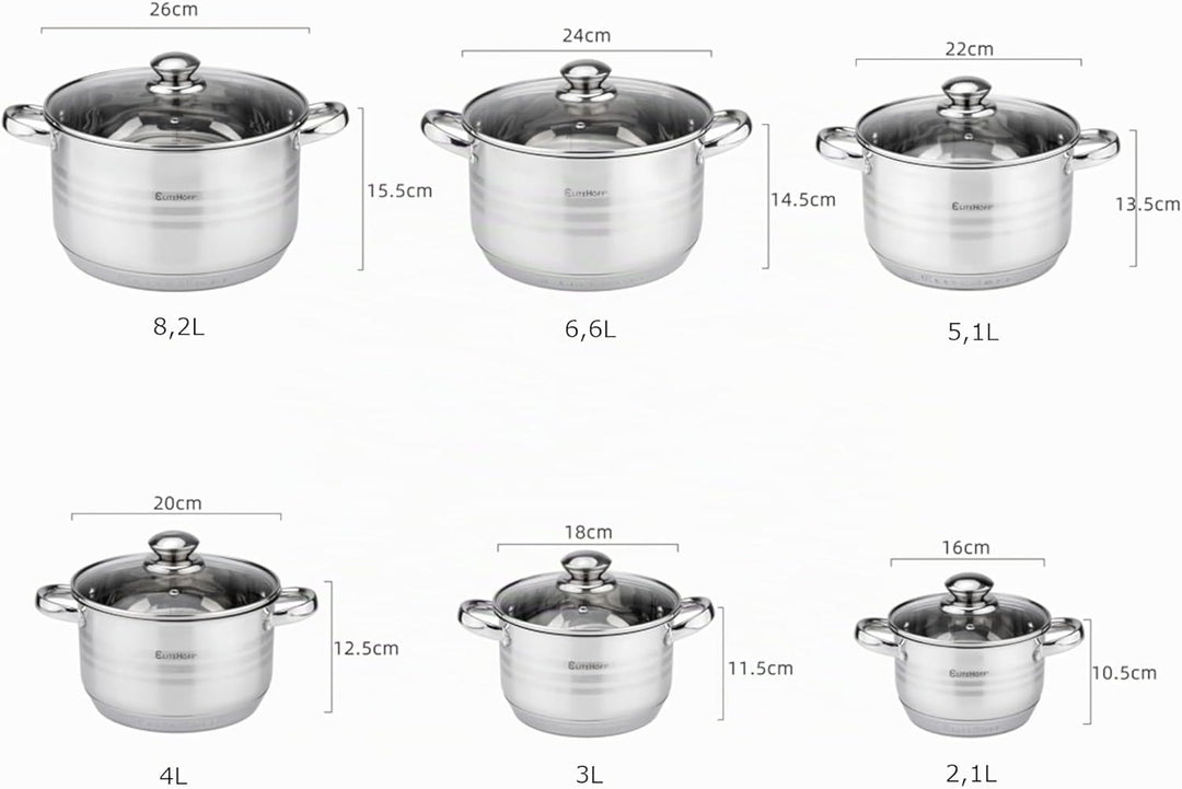 EliteHoff Topfset Induktion 12-teilig Edelstahl, Kochtopf Set mit Glasdeckel, 7-lagiger Edelstahl To