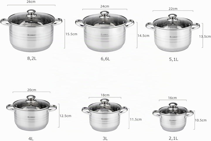 EliteHoff Topfset Induktion 12-teilig Edelstahl, Kochtopf Set mit Glasdeckel, 7-lagiger Edelstahl To