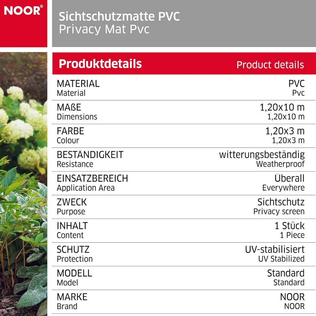 NOOR Sichtschutzmatte PVC 1,2 x 3m Weiss I Wasserdichter Sichtschutz aus Kunststoff für Gärten I UV-