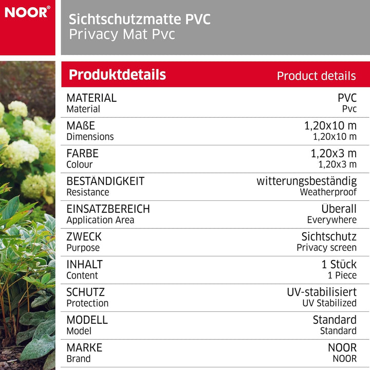 NOOR Sichtschutzmatte PVC 1,2 x 3m Weiss I Wasserdichter Sichtschutz aus Kunststoff für Gärten I UV-