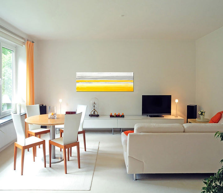 Paul Sinus Art Panoramabild auf Leinwand und Keilrahmen 150x50cm Kunstmalerei grau gelb weiss abstra