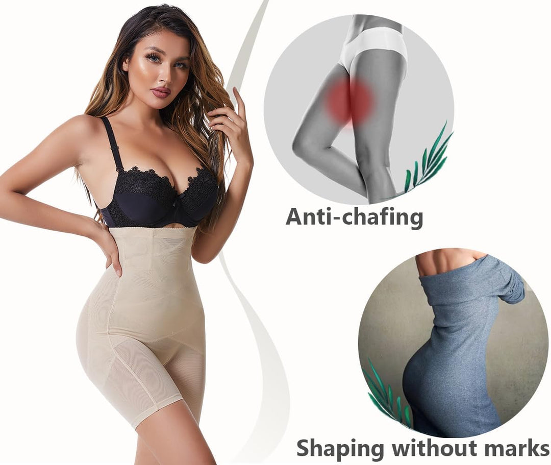 Damen Bauchweg Miederpants Shapewear Hohe Taille Unterhose mit Bein Figurformende Miederhose Stark F