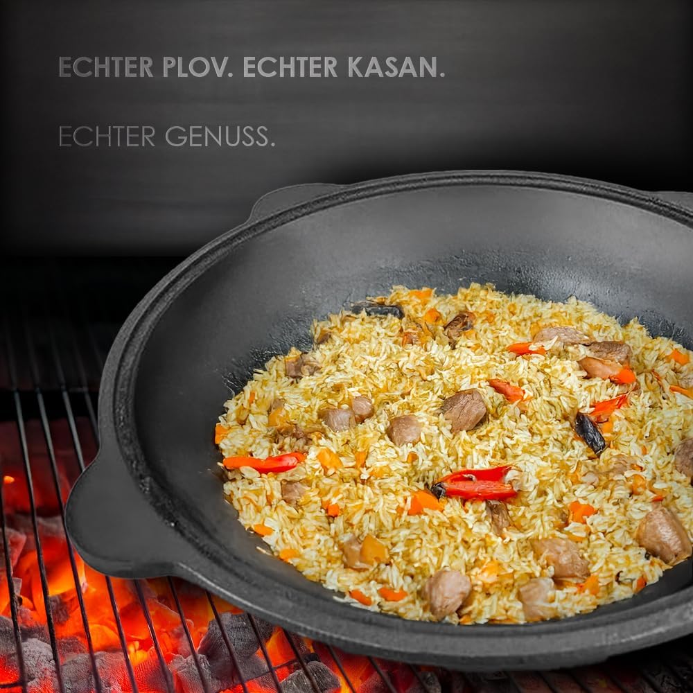 Gusseisen Kazan Uzbekisch 6L Aluminiumdeckel Schaumlöffel für Plov, 40 cm Usbekistan Kochtopf WOK Pl