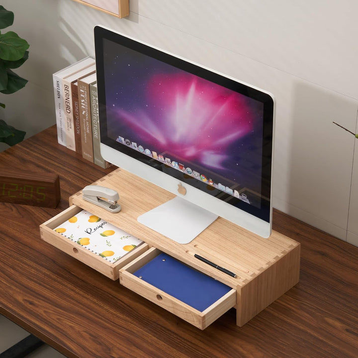 KIRIGEN hölzerner Monitorständer mit 2 Schubladen Computer Desktop Storage Organizer Lautsprecher TV