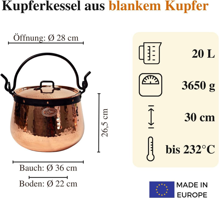 CopperGarden Kupferkessel 20 Liter I Hexenkessel mit Henkel &amp; Deckel I Handgeschmiedeter Kessel aus