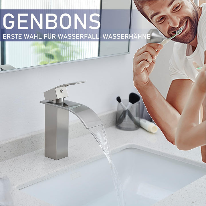 GENBONS Wasserhahn Bad Edelstahl | Wasserfall Waschtischarmatur für Badezimmer | Mischbatterie Wasch