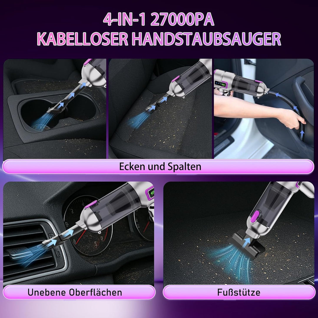 Handstaubsauger Akku, Autostaubsauger Kabellos 27000Pa Mini Staubsauger, Aufladbar Tragbar Leicht Au