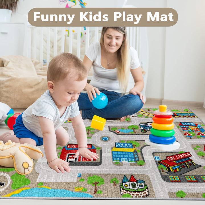 Capslpad Kinder Teppich Spielteppich für Kinder Stadt 100x160cm Rutschfest Kinderteppich Spielmatte
