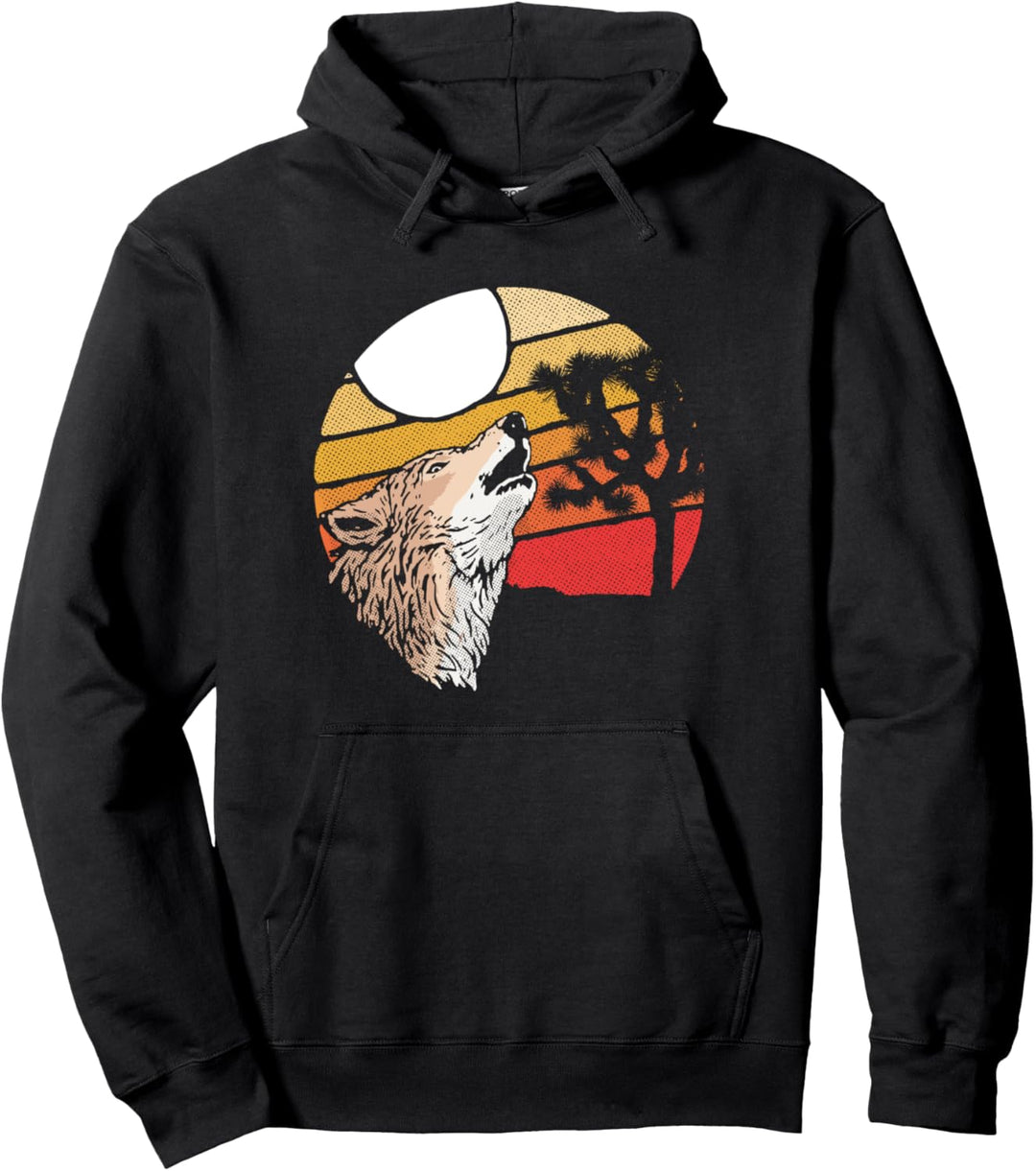 Joshua Tree Coyote Howl Retro Outdoor Badge Design Pullover Hoodie