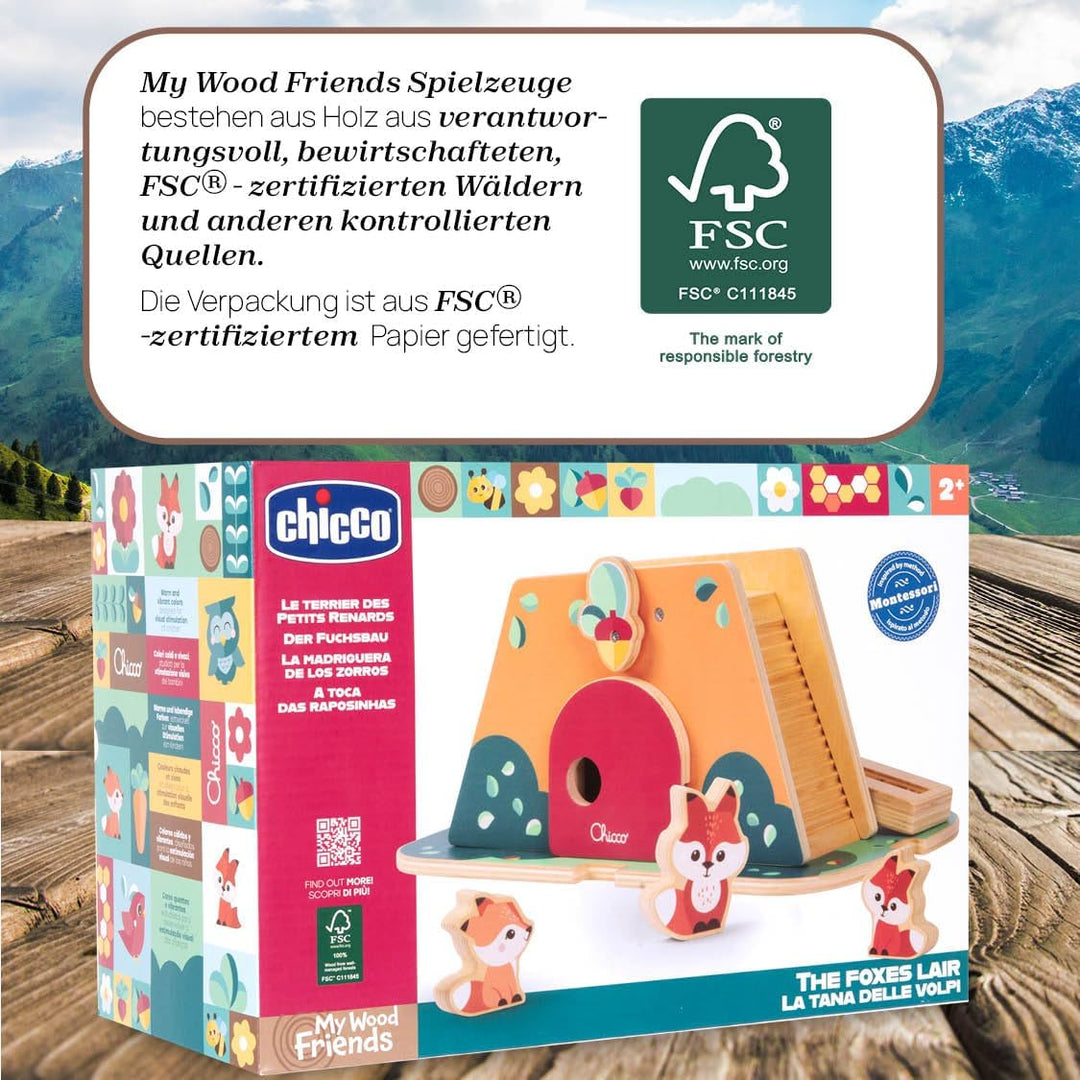 Chicco, Holzspielzeug, Der Fuchsbau, Montessori-Spiel, 3 Exklusive Figuren, Balance-Aktivitäten, Ent