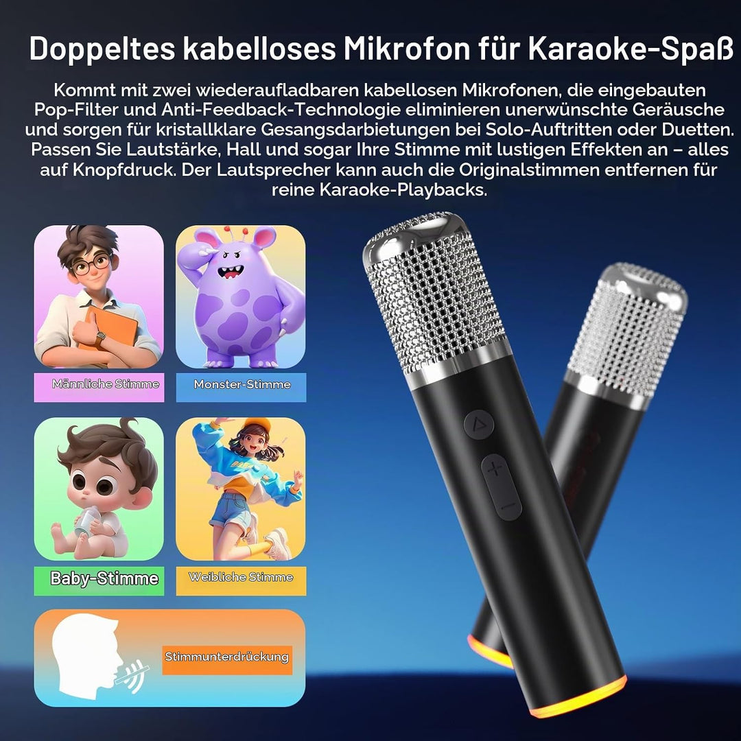 Tragbarer Bluetooth-Karaoke-Lautsprecher mit 2 kabellosen Mikrofonen, RGB-Beleuchtung, Höhen- und Ba
