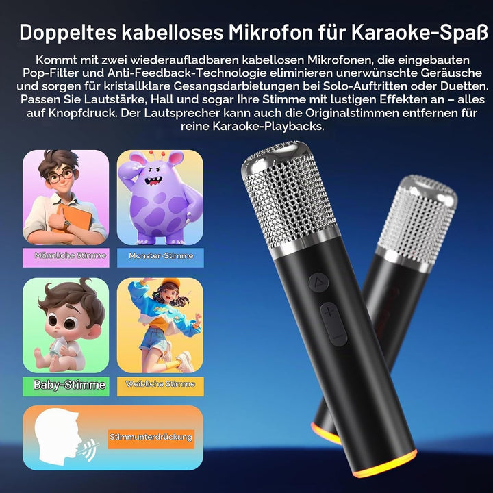 Tragbarer Bluetooth-Karaoke-Lautsprecher mit 2 kabellosen Mikrofonen, RGB-Beleuchtung, Höhen- und Ba