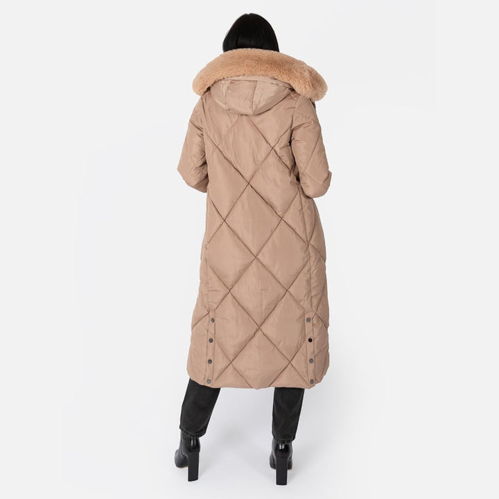 Women's Winter Jacket Ladies Coat Puffer Removable Faux Fur Hood Pockets Quilted Padded Longline Puf