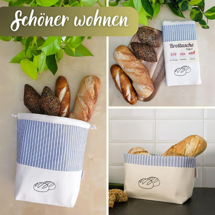 slowroom Brotbeutel zur Brotaufbewahrung und Frischhalten 3 in 1 - Brotkorb Stoff - Brottasche aus B