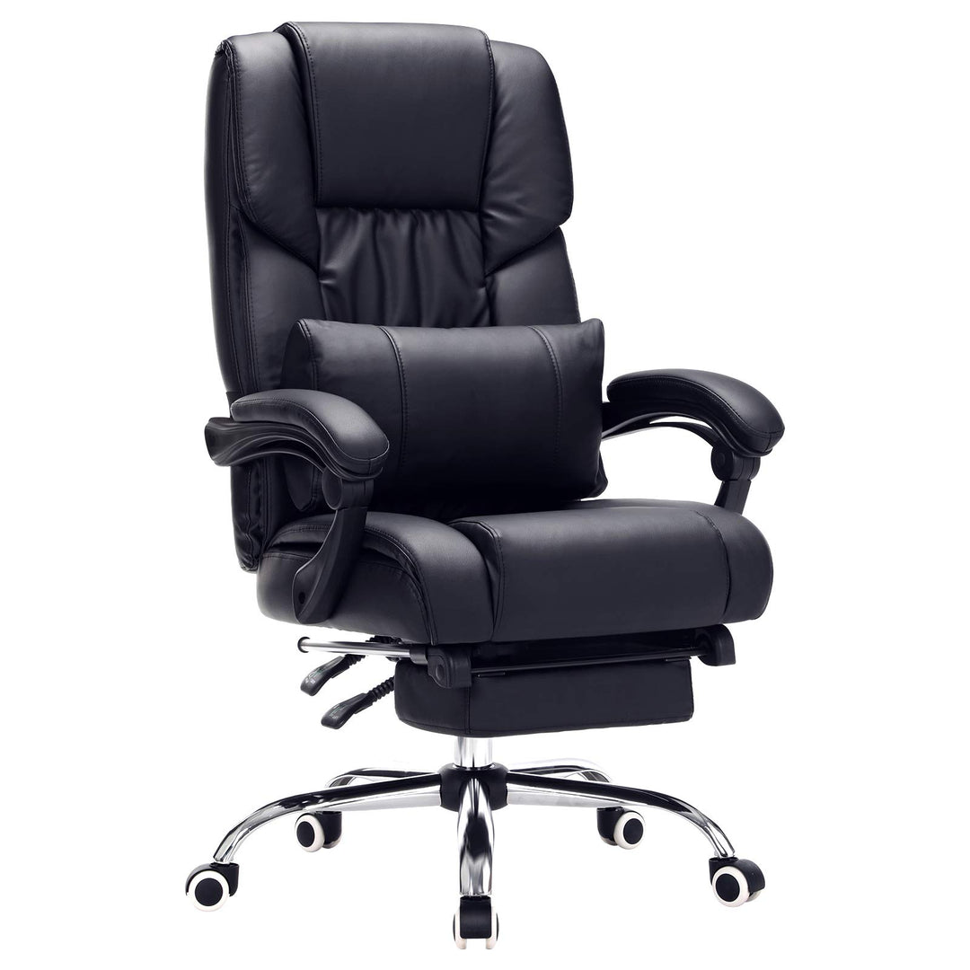 SONGMICS Bürostuhl mit Fussablage und Lendenkissen, Lederimitat, schwarz, 67 x 66 x 116 cm