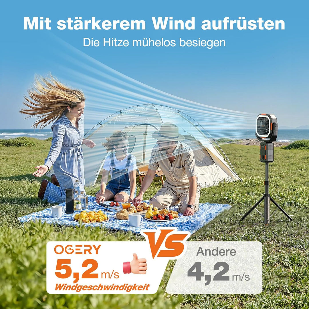OGERY F21 Camping Ventilator mit Ständer, 20000mAh Wiederaufladbarer Akku, LED-Laterne, Leistungssta
