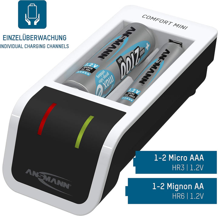 ANSMANN Akku-Ladegerät inkl. 2X Mignon AA Akkus 2100 mAh - Automatik Batterieladegerät mit Perfect-7