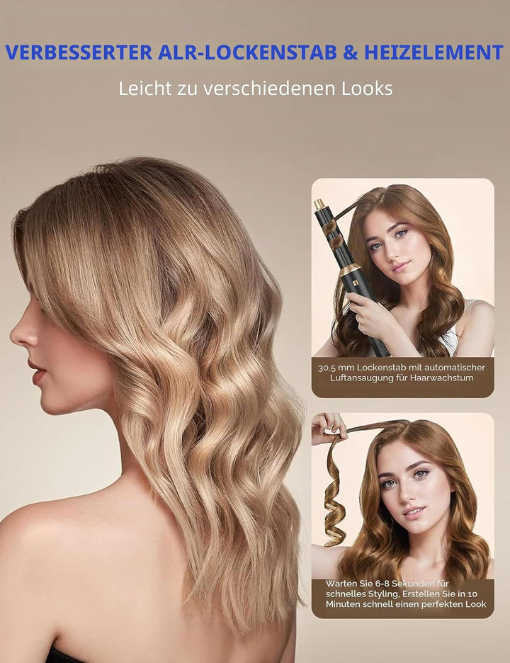 Kitgody 5 in 1 Airstyler Warmluftbürste Set mit Automatischem Lockenstab & Rundbürstenföhn - MULTIFU