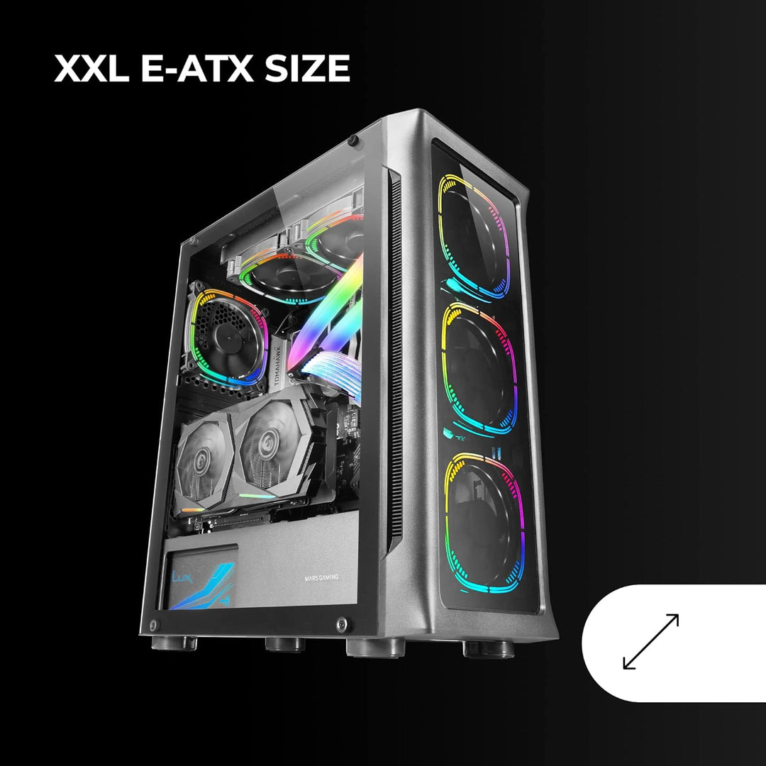 Mars Gaming MC-NEO Schwarz, XXL E-ATX Gaming Tower, Gehärtetes Glas Seiten und Frontfenster, 4X ARGB