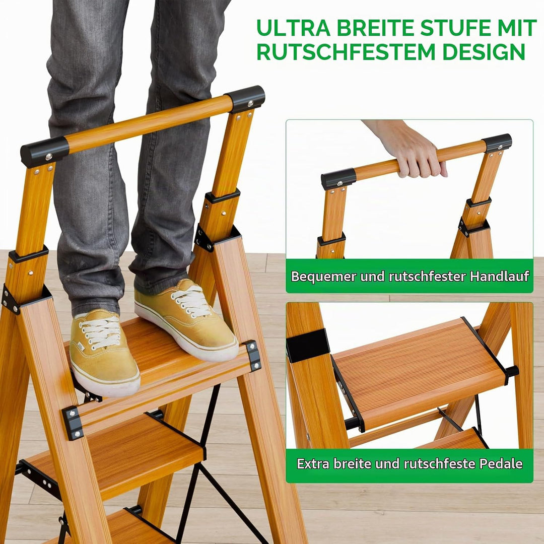 KULACO Trittleiter 3 Stufen klappbar, rutschfeste Haushaltsleiter, Multifunktionsleiter Holzmaserung