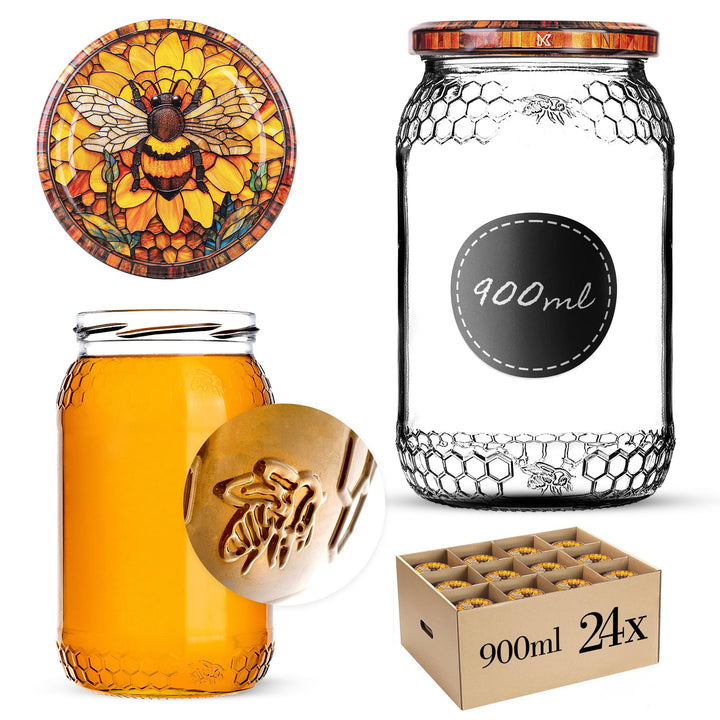 KADAX 24er Set Einmachgläser 900ml TO82 Gelbe Biene, Grosse Sturzgläser mit Schraubdeckel, Einkochgl