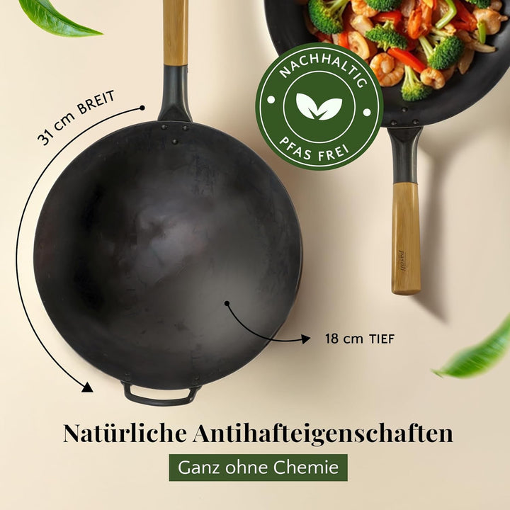 pasoli Wok für Gasherd und Grill inkl. gratis Rezepte eBook - voreingebrannt - Asiapfanne mit rundem
