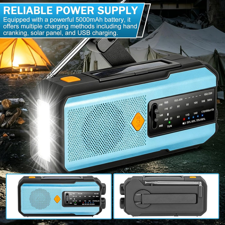 Notfall Radio, Emergency Radios, 5000mAh Notfallradio, Blaues Kurbelradio, SOS Alarm, AM/FM/NOAA Wet