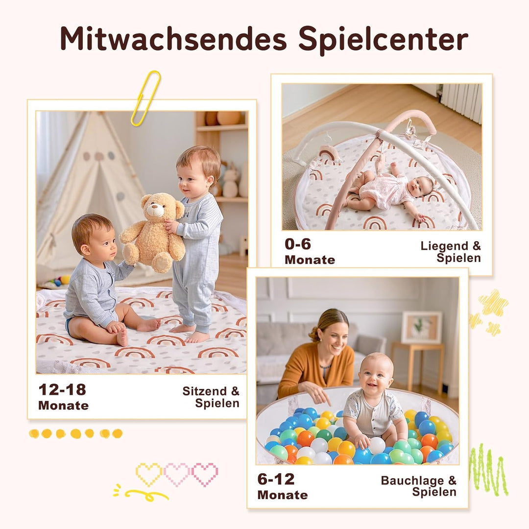 Mallify 6-in-1 XL Baby-Spielbogen mit Spielmatte &amp; Bällebad, Kombiniertes Baby-Spielcenter mit Meile