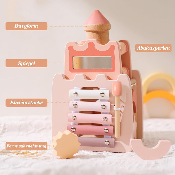 WOODEN TEETHER Montessori Motorikwürfel holzspielzeug Montessori Spielzeug ab 1 Jahr 5 in 1（Rosa Sch