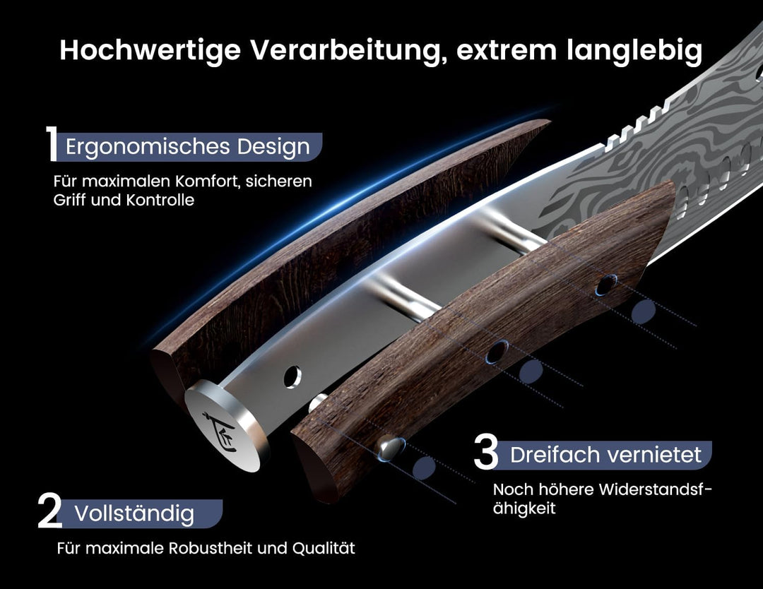 18 cm Küchenmesser mit Kräuterstripper, Asiatisches 3-in-1 Messer kombiniert Hackmesser, Fleischerme