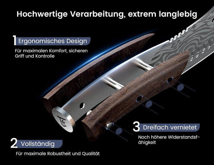 18 cm Küchenmesser mit Kräuterstripper, Asiatisches 3-in-1 Messer kombiniert Hackmesser, Fleischerme