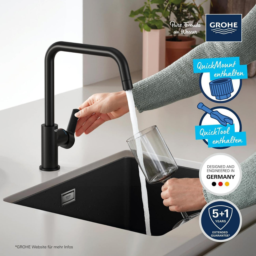 GROHE Start, Niederdruck Küchenarmatur mit hohem Auslauf (Wasserhahn Küche für offene Warmwasserbere