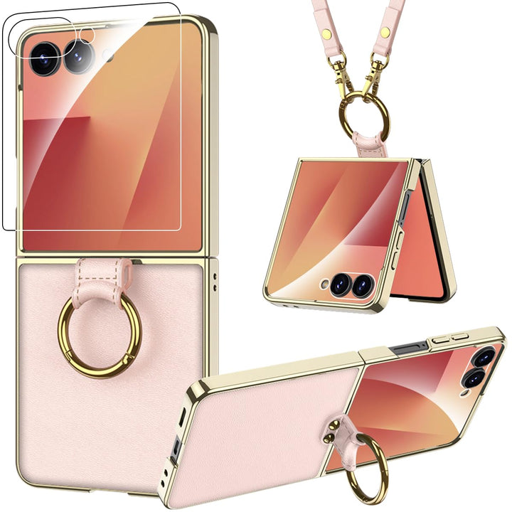 Miimall Lederhülle Kompatibel mit Samsung Galaxy Z Flip 7 Hülle mit Band+Ring Ständer [HD Displaysch